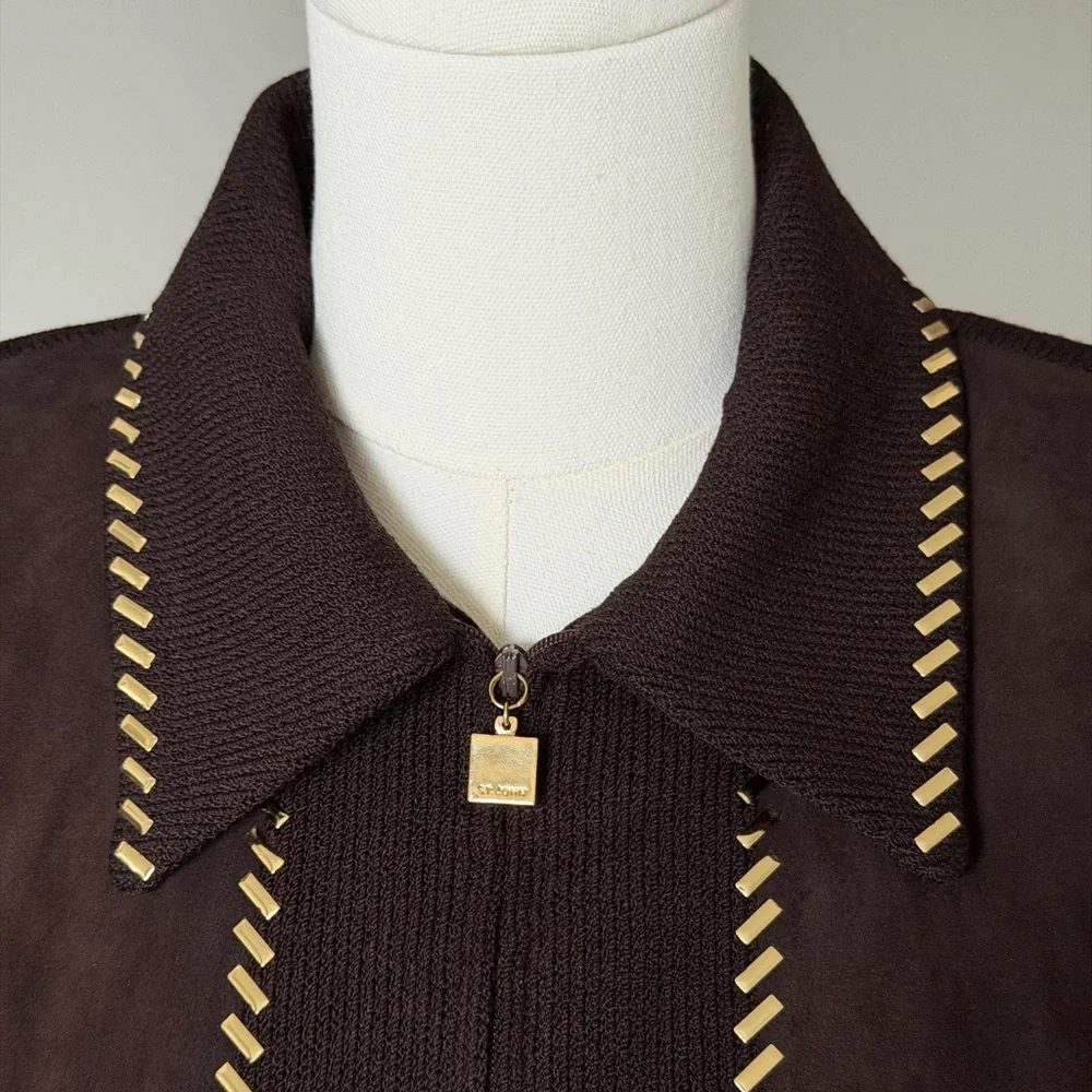 ✨St. John Collection Brown Suede Knit Jacket Gold Chain Trim Zipper Blazer - 10